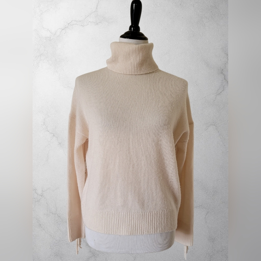360 Cashmere Western Fringe Wool Blend   Turlteneck Ivory Sweater Jumper XS